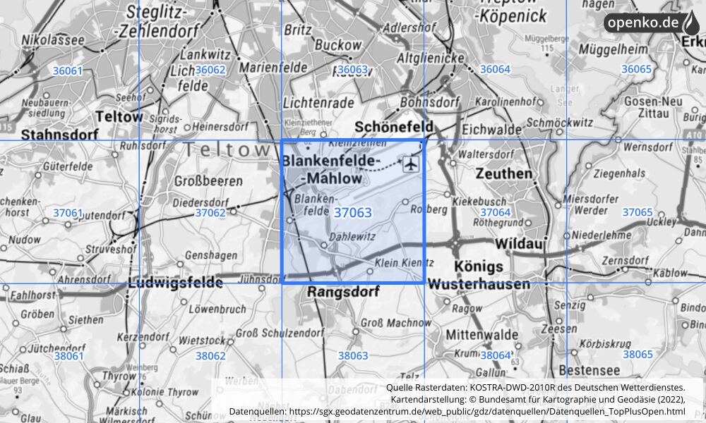 Übersichtskarte KOSTRA-DWD-2010R Rasterfeld Nr. 37063 mit angrenzenden Feldern