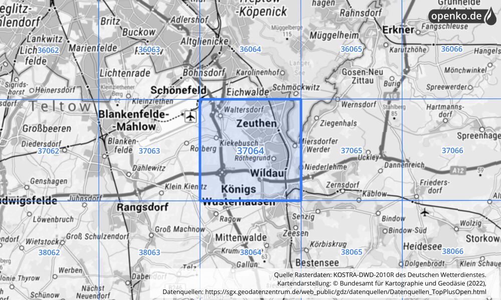 Übersichtskarte KOSTRA-DWD-2010R Rasterfeld Nr. 37064 mit angrenzenden Feldern