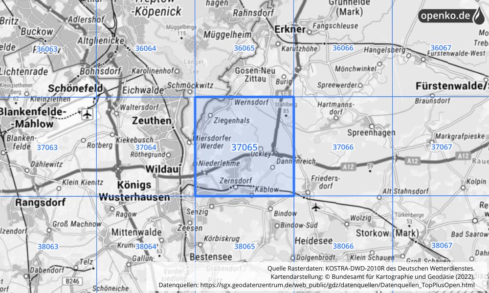 Übersichtskarte KOSTRA-DWD-2010R Rasterfeld Nr. 37065 mit angrenzenden Feldern