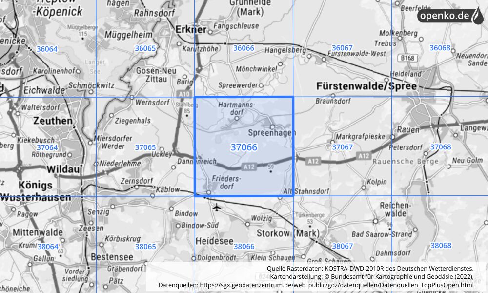 Übersichtskarte KOSTRA-DWD-2010R Rasterfeld Nr. 37066 mit angrenzenden Feldern