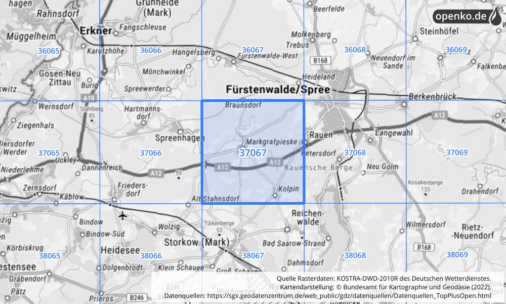 Übersichtskarte KOSTRA-DWD-2010R Rasterfeld Nr. 37067 mit angrenzenden Feldern