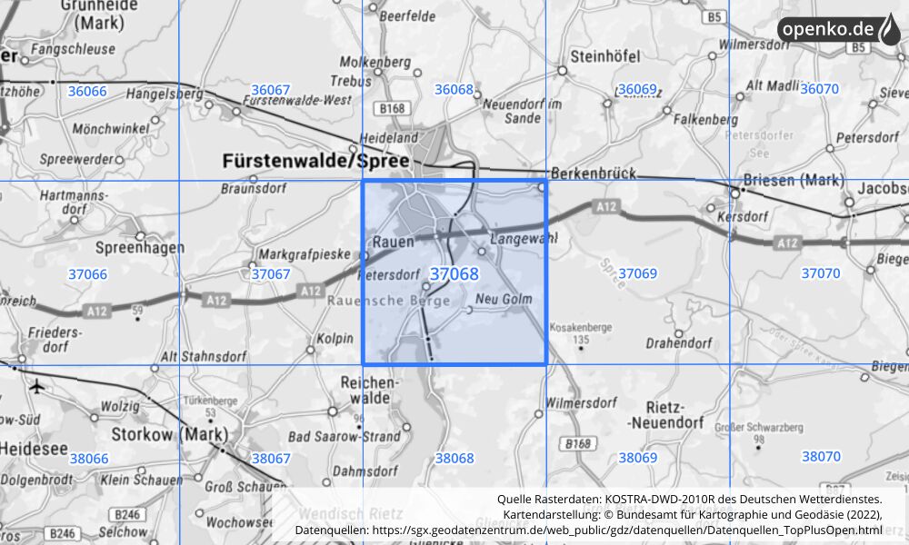 Übersichtskarte KOSTRA-DWD-2010R Rasterfeld Nr. 37068 mit angrenzenden Feldern