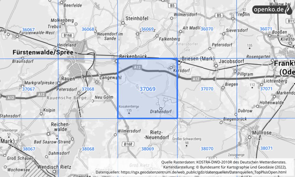 Übersichtskarte KOSTRA-DWD-2010R Rasterfeld Nr. 37069 mit angrenzenden Feldern