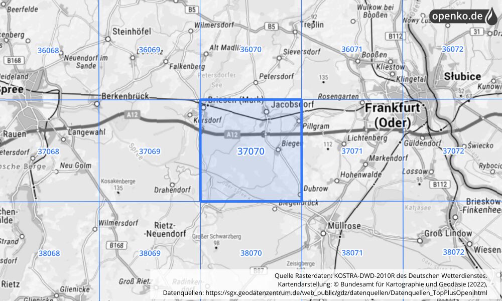 Übersichtskarte KOSTRA-DWD-2010R Rasterfeld Nr. 37070 mit angrenzenden Feldern