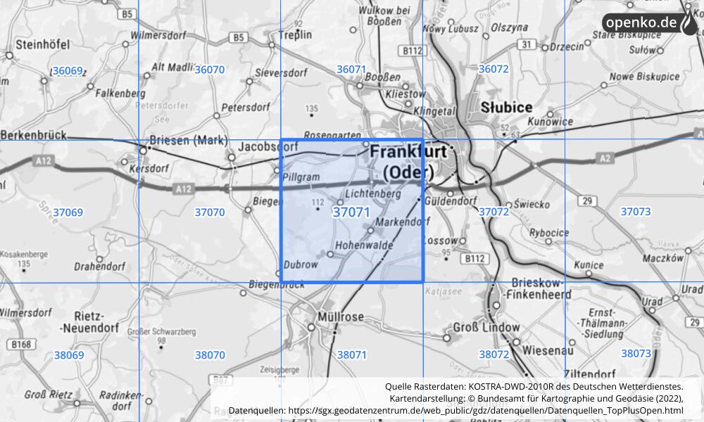 Übersichtskarte KOSTRA-DWD-2010R Rasterfeld Nr. 37071 mit angrenzenden Feldern