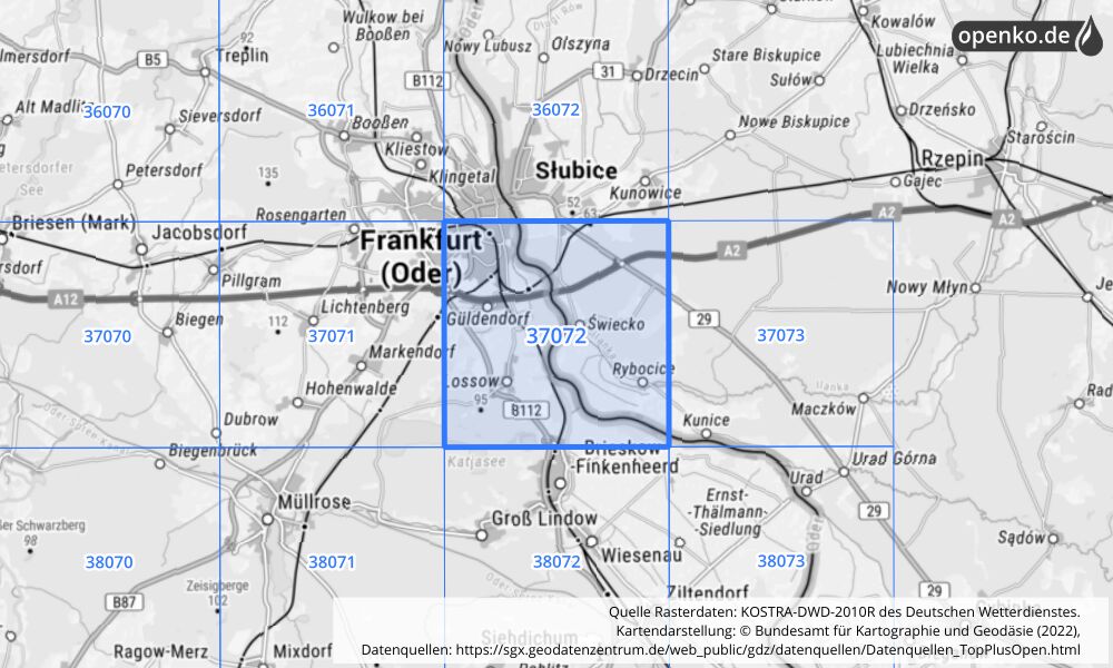 Übersichtskarte KOSTRA-DWD-2010R Rasterfeld Nr. 37072 mit angrenzenden Feldern