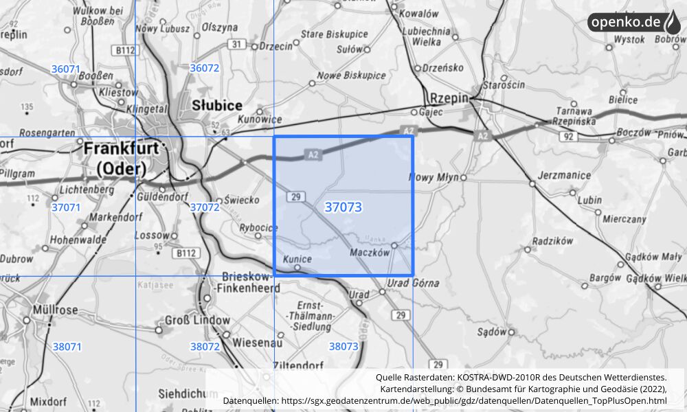 Übersichtskarte KOSTRA-DWD-2010R Rasterfeld Nr. 37073 mit angrenzenden Feldern