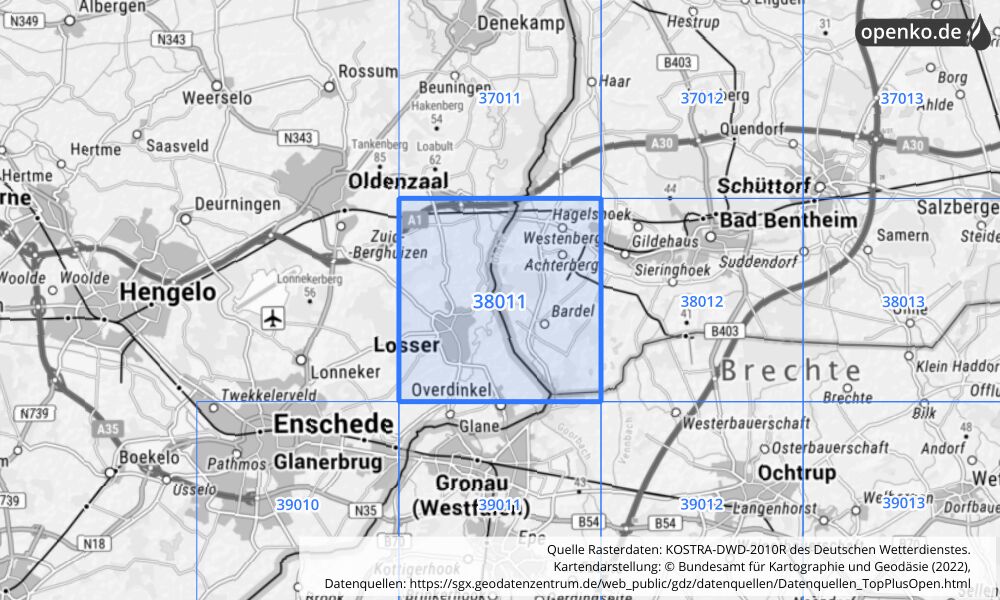 Übersichtskarte KOSTRA-DWD-2010R Rasterfeld Nr. 38011 mit angrenzenden Feldern