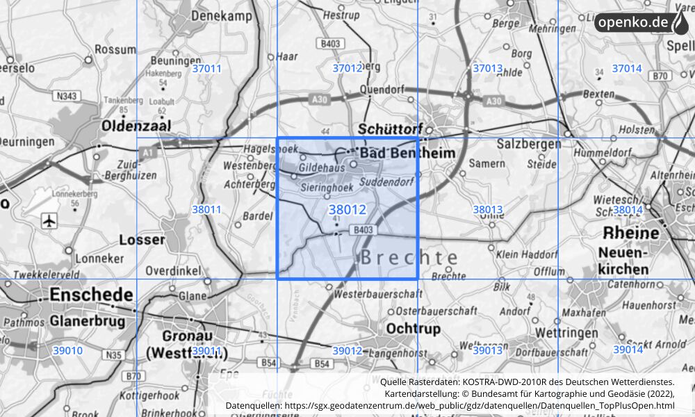 Übersichtskarte KOSTRA-DWD-2010R Rasterfeld Nr. 38012 mit angrenzenden Feldern