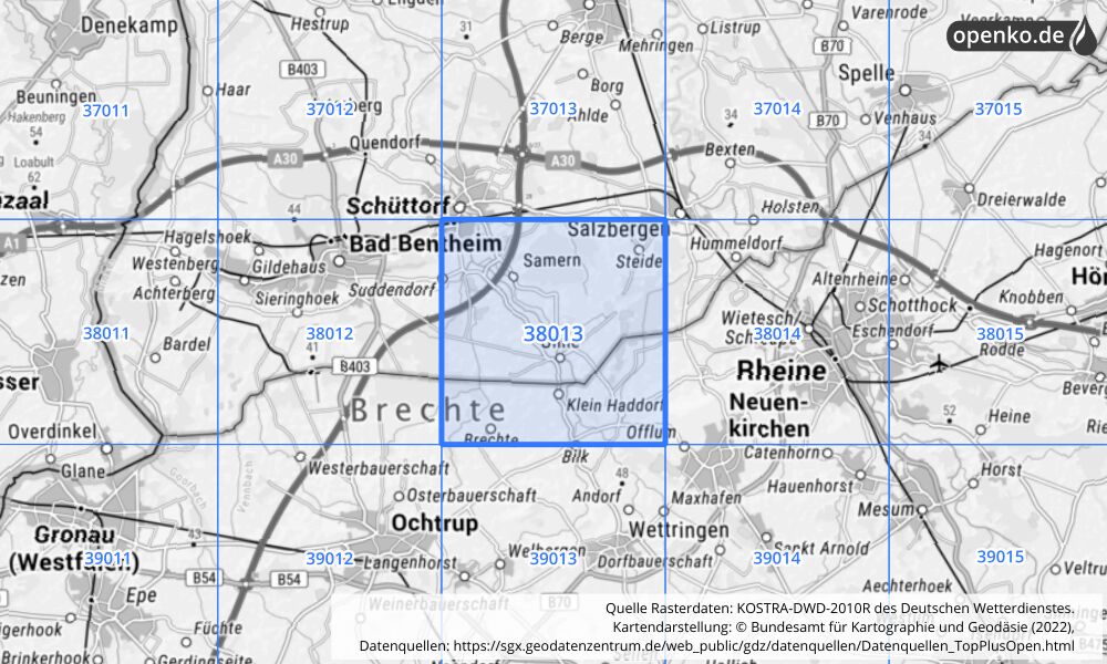 Übersichtskarte KOSTRA-DWD-2010R Rasterfeld Nr. 38013 mit angrenzenden Feldern