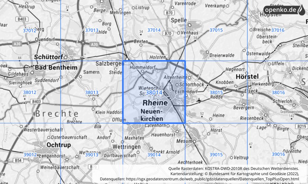 Übersichtskarte KOSTRA-DWD-2010R Rasterfeld Nr. 38014 mit angrenzenden Feldern