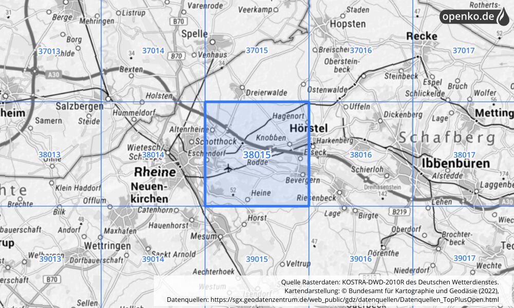 Übersichtskarte KOSTRA-DWD-2010R Rasterfeld Nr. 38015 mit angrenzenden Feldern