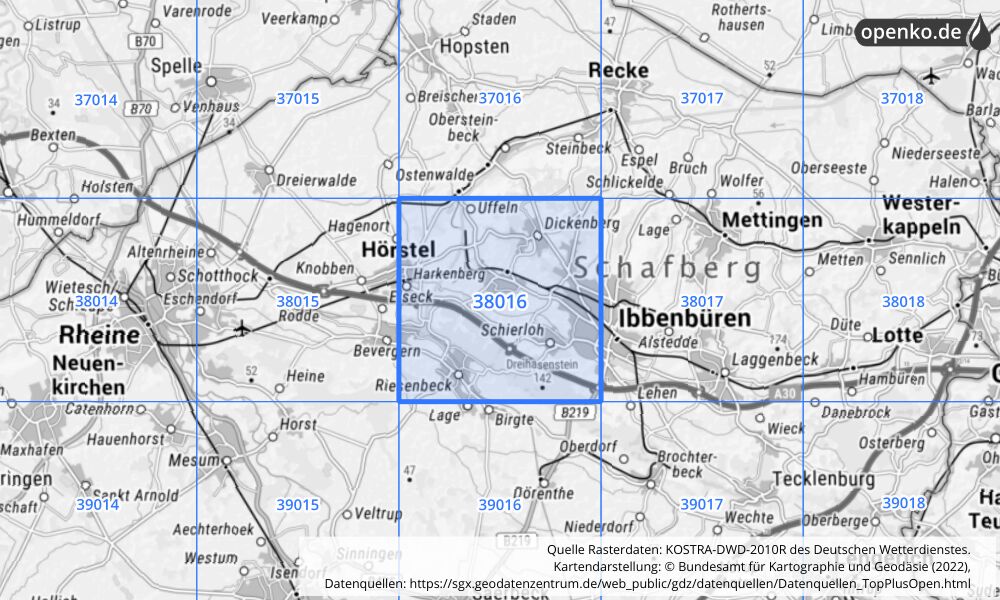 Übersichtskarte KOSTRA-DWD-2010R Rasterfeld Nr. 38016 mit angrenzenden Feldern