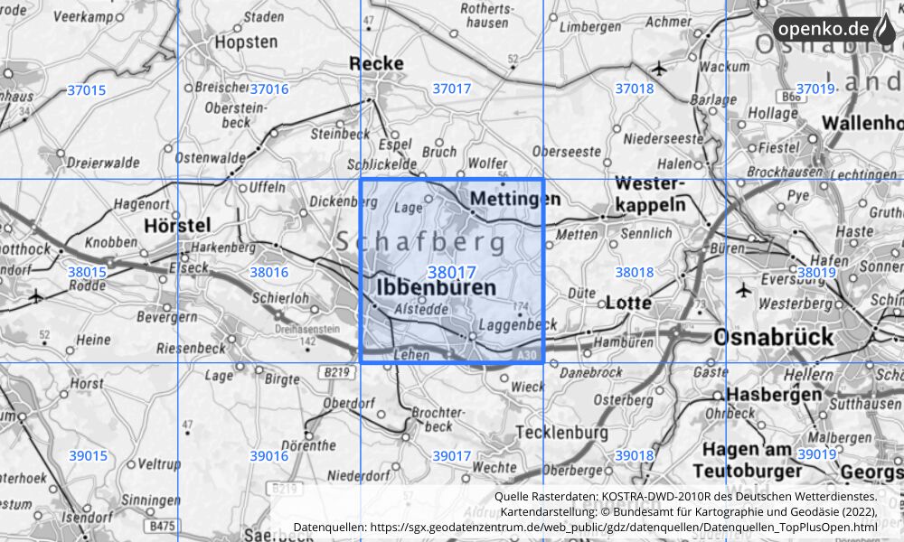 Übersichtskarte KOSTRA-DWD-2010R Rasterfeld Nr. 38017 mit angrenzenden Feldern