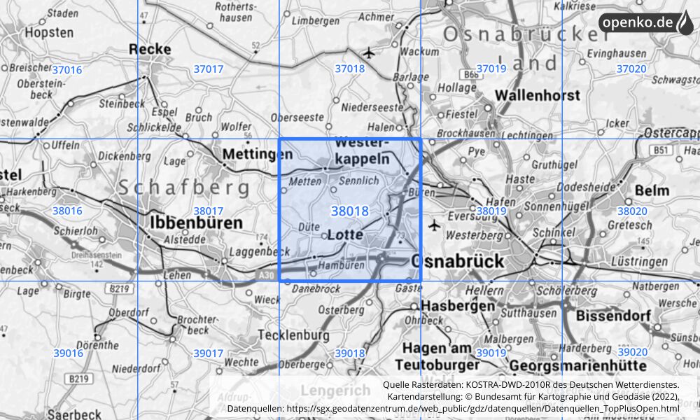 Übersichtskarte KOSTRA-DWD-2010R Rasterfeld Nr. 38018 mit angrenzenden Feldern