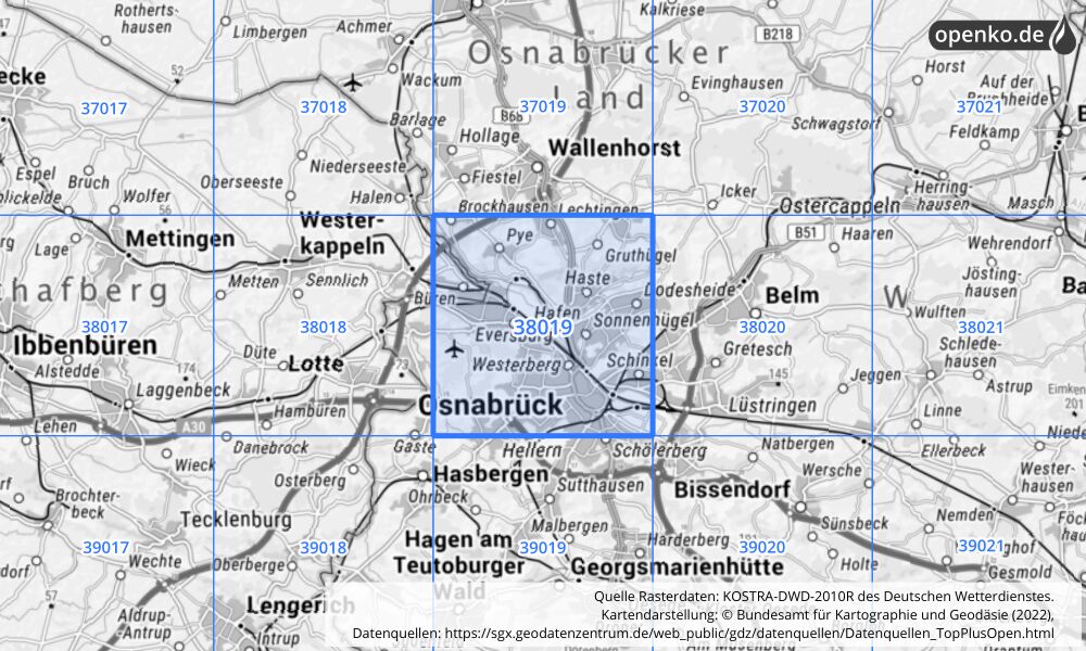 Übersichtskarte KOSTRA-DWD-2010R Rasterfeld Nr. 38019 mit angrenzenden Feldern