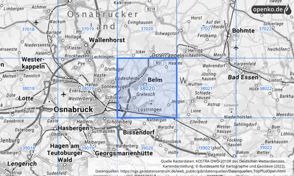 Übersichtskarte KOSTRA-DWD-2010R Rasterfeld Nr. 38020 mit angrenzenden Feldern