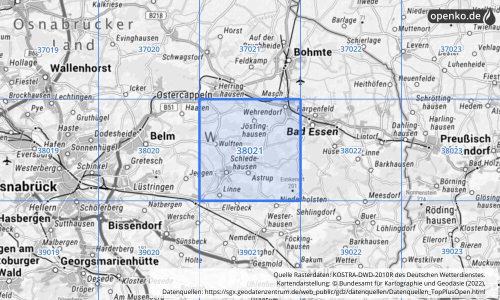 Übersichtskarte KOSTRA-DWD-2010R Rasterfeld Nr. 38021 mit angrenzenden Feldern