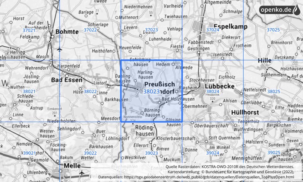 Übersichtskarte KOSTRA-DWD-2010R Rasterfeld Nr. 38023 mit angrenzenden Feldern