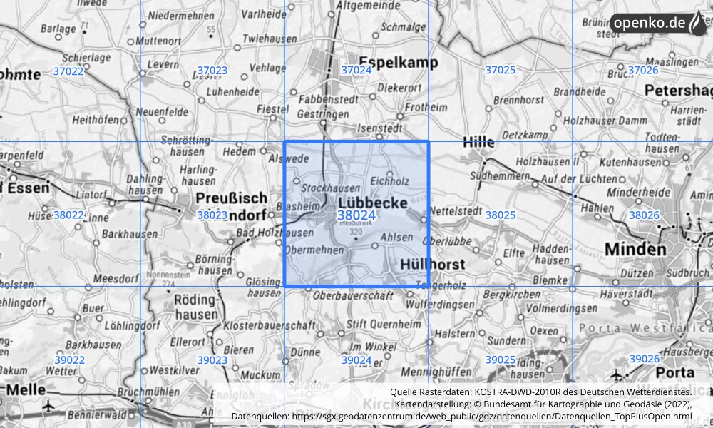 Übersichtskarte KOSTRA-DWD-2010R Rasterfeld Nr. 38024 mit angrenzenden Feldern