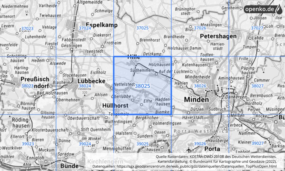 Übersichtskarte KOSTRA-DWD-2010R Rasterfeld Nr. 38025 mit angrenzenden Feldern