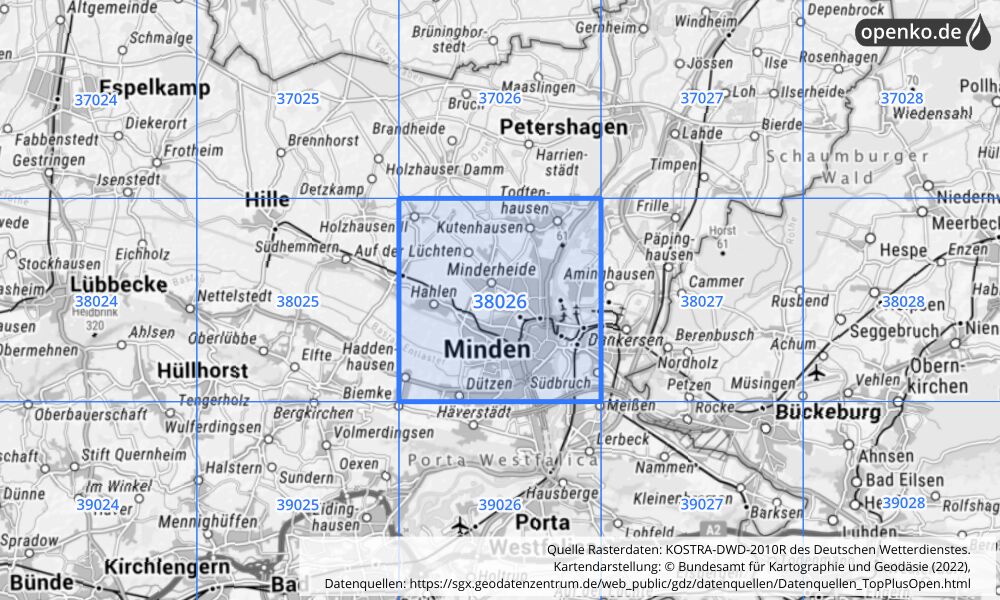 Übersichtskarte KOSTRA-DWD-2010R Rasterfeld Nr. 38026 mit angrenzenden Feldern