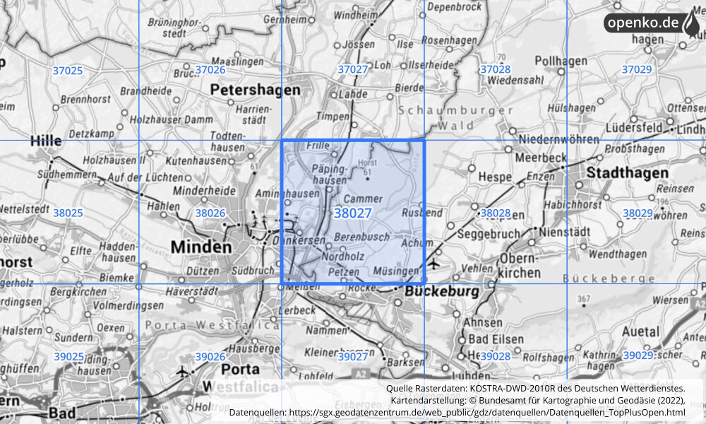 Übersichtskarte KOSTRA-DWD-2010R Rasterfeld Nr. 38027 mit angrenzenden Feldern