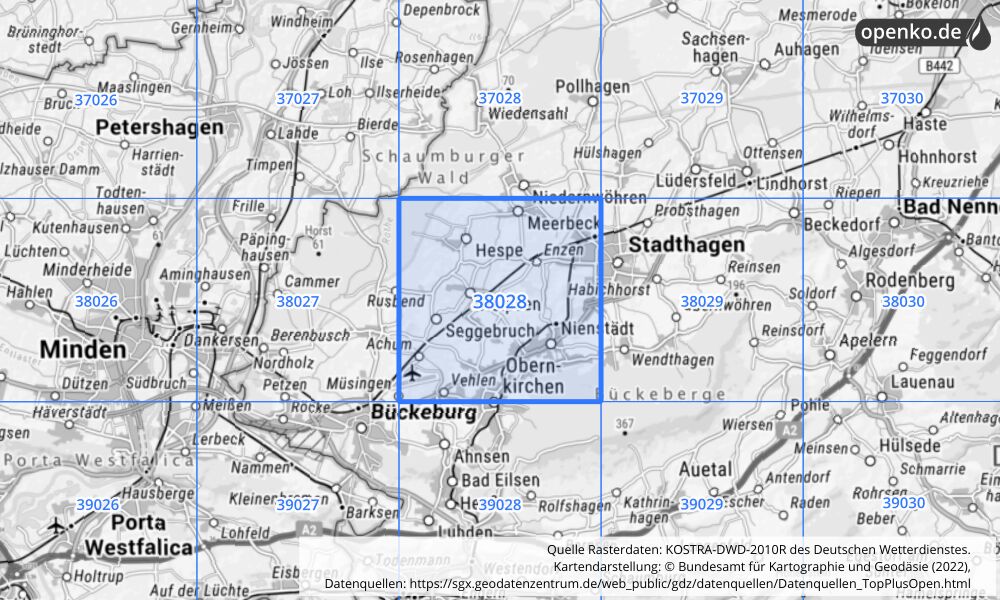 Übersichtskarte KOSTRA-DWD-2010R Rasterfeld Nr. 38028 mit angrenzenden Feldern