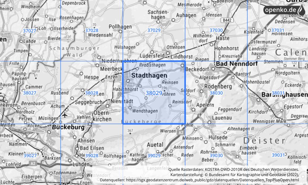 Übersichtskarte KOSTRA-DWD-2010R Rasterfeld Nr. 38029 mit angrenzenden Feldern