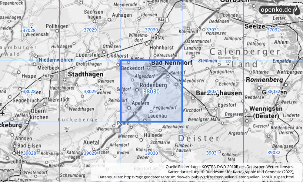 Übersichtskarte KOSTRA-DWD-2010R Rasterfeld Nr. 38030 mit angrenzenden Feldern