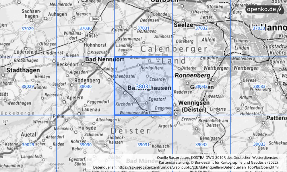 Übersichtskarte KOSTRA-DWD-2010R Rasterfeld Nr. 38031 mit angrenzenden Feldern