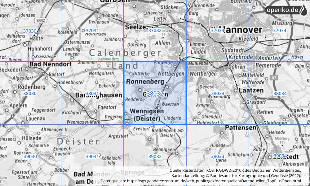 Übersichtskarte KOSTRA-DWD-2010R Rasterfeld Nr. 38032 mit angrenzenden Feldern