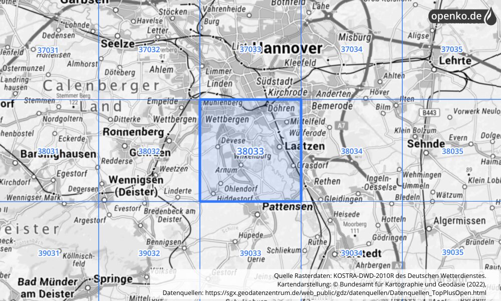 Übersichtskarte KOSTRA-DWD-2010R Rasterfeld Nr. 38033 mit angrenzenden Feldern