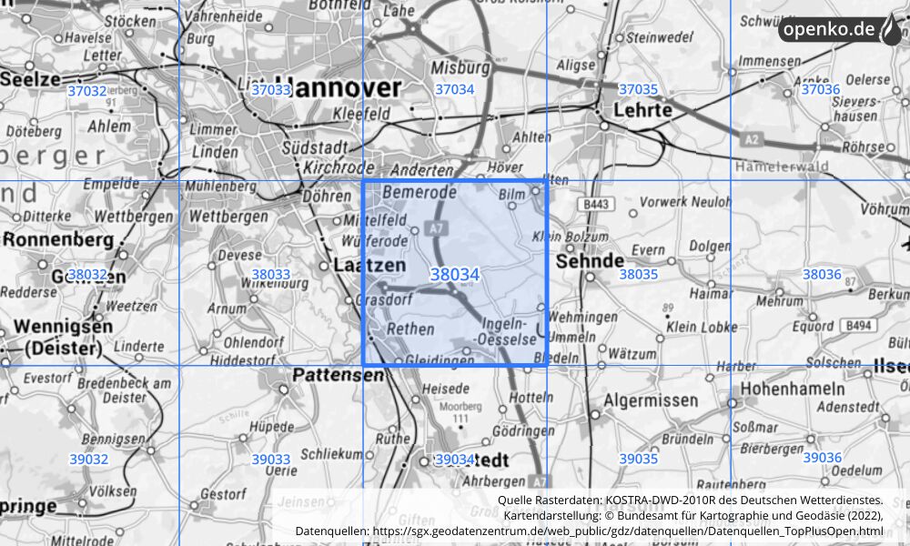 Übersichtskarte KOSTRA-DWD-2010R Rasterfeld Nr. 38034 mit angrenzenden Feldern