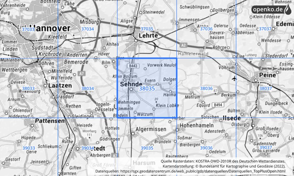 Übersichtskarte KOSTRA-DWD-2010R Rasterfeld Nr. 38035 mit angrenzenden Feldern