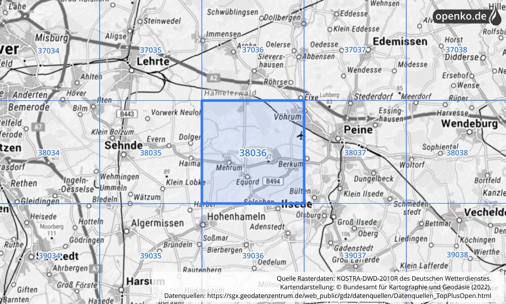 Übersichtskarte KOSTRA-DWD-2010R Rasterfeld Nr. 38036 mit angrenzenden Feldern