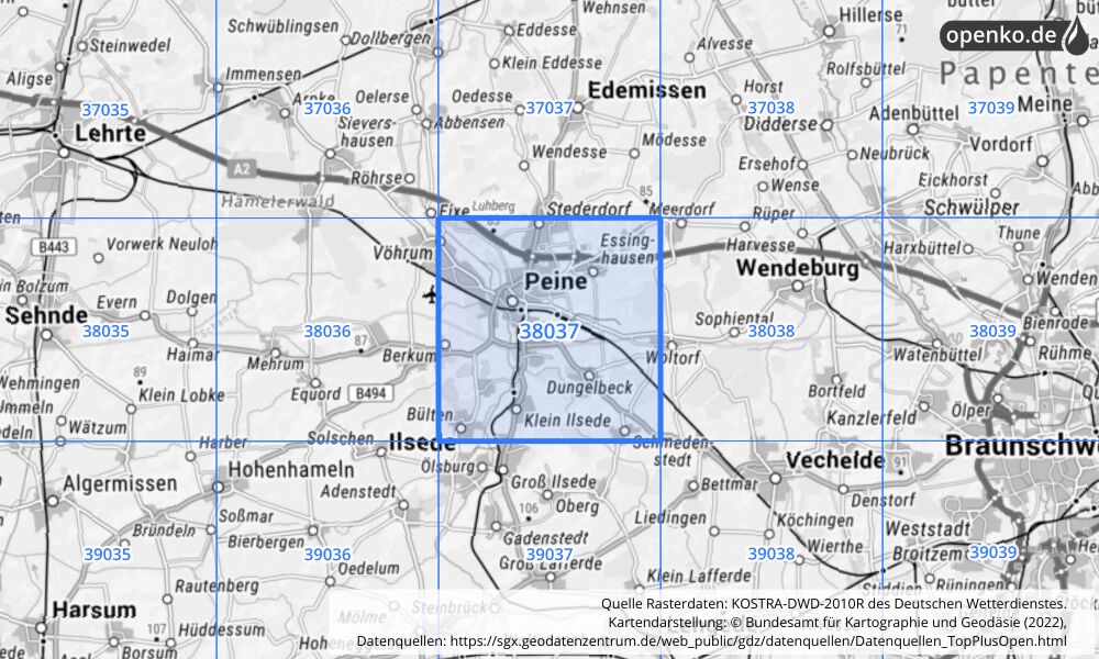 Übersichtskarte KOSTRA-DWD-2010R Rasterfeld Nr. 38037 mit angrenzenden Feldern