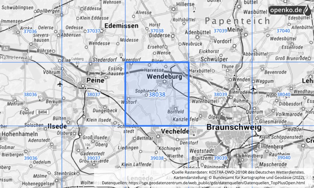 Übersichtskarte KOSTRA-DWD-2010R Rasterfeld Nr. 38038 mit angrenzenden Feldern