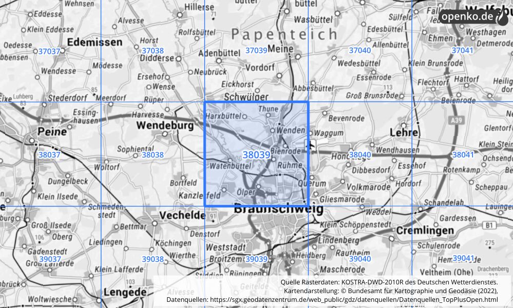 Übersichtskarte KOSTRA-DWD-2010R Rasterfeld Nr. 38039 mit angrenzenden Feldern