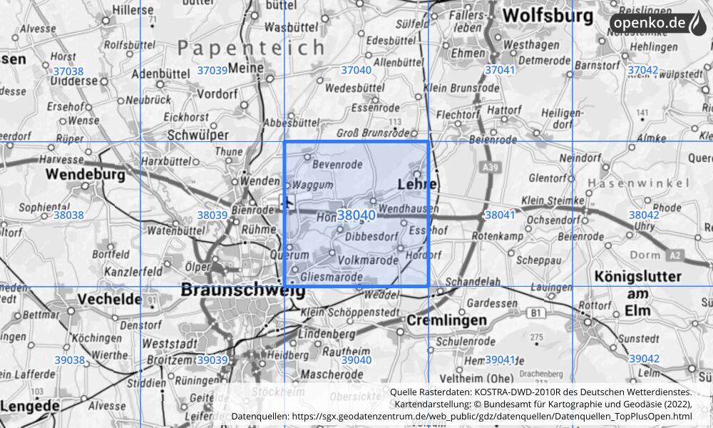 Übersichtskarte KOSTRA-DWD-2010R Rasterfeld Nr. 38040 mit angrenzenden Feldern