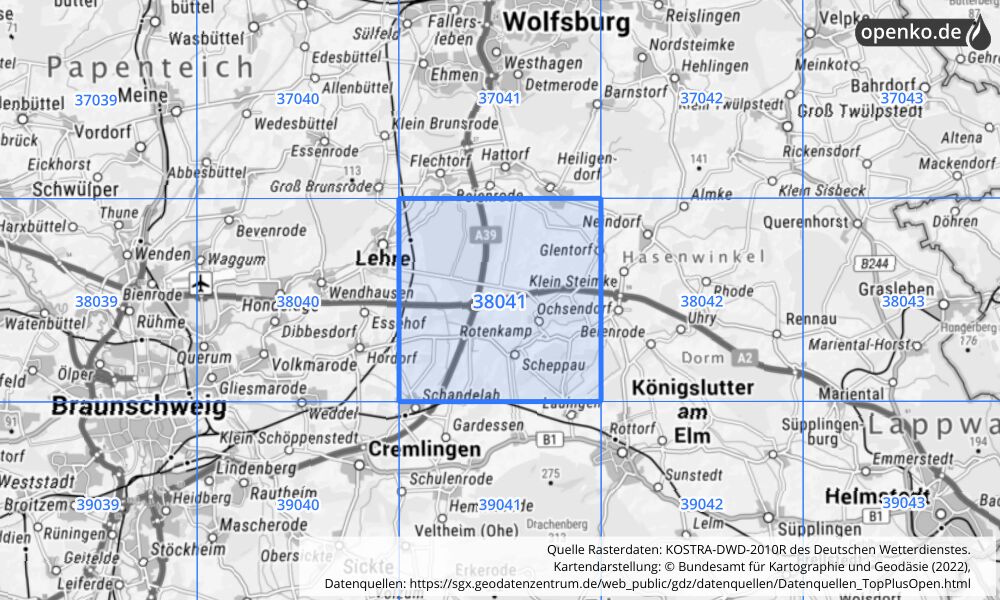 Übersichtskarte KOSTRA-DWD-2010R Rasterfeld Nr. 38041 mit angrenzenden Feldern