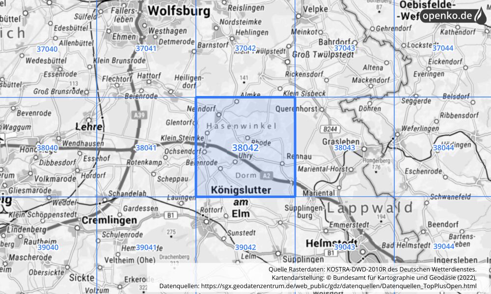 Übersichtskarte KOSTRA-DWD-2010R Rasterfeld Nr. 38042 mit angrenzenden Feldern