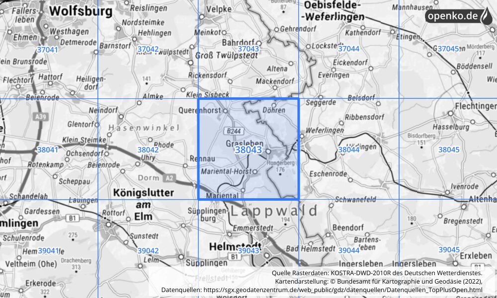 Übersichtskarte KOSTRA-DWD-2010R Rasterfeld Nr. 38043 mit angrenzenden Feldern