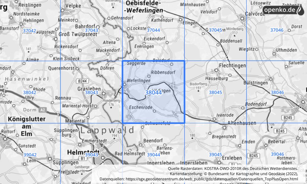 Übersichtskarte KOSTRA-DWD-2010R Rasterfeld Nr. 38044 mit angrenzenden Feldern