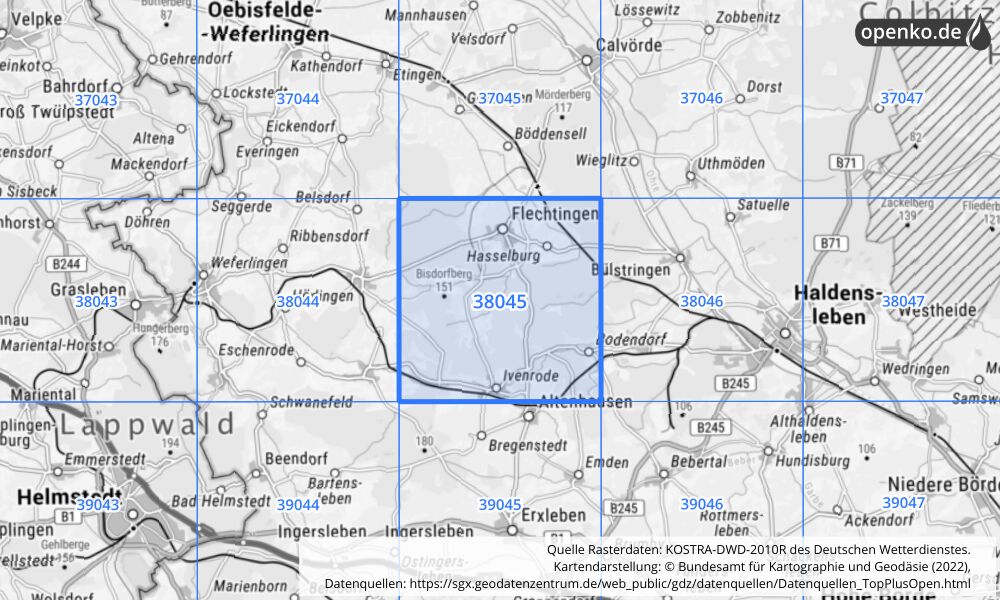 Übersichtskarte KOSTRA-DWD-2010R Rasterfeld Nr. 38045 mit angrenzenden Feldern