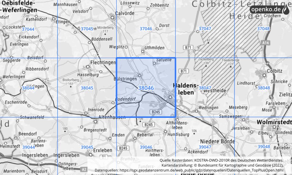 Übersichtskarte KOSTRA-DWD-2010R Rasterfeld Nr. 38046 mit angrenzenden Feldern