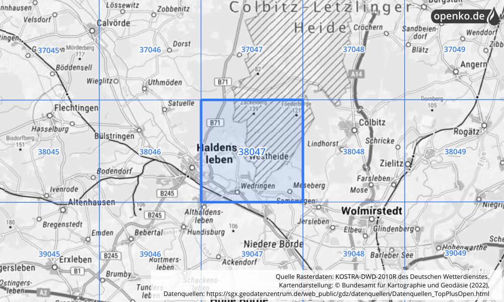 Übersichtskarte KOSTRA-DWD-2010R Rasterfeld Nr. 38047 mit angrenzenden Feldern