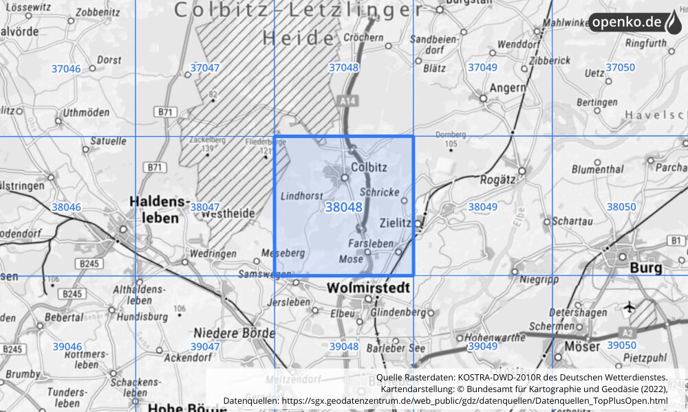 Übersichtskarte KOSTRA-DWD-2010R Rasterfeld Nr. 38048 mit angrenzenden Feldern