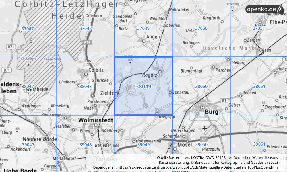 Übersichtskarte KOSTRA-DWD-2010R Rasterfeld Nr. 38049 mit angrenzenden Feldern