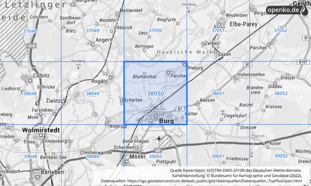 Übersichtskarte KOSTRA-DWD-2010R Rasterfeld Nr. 38050 mit angrenzenden Feldern